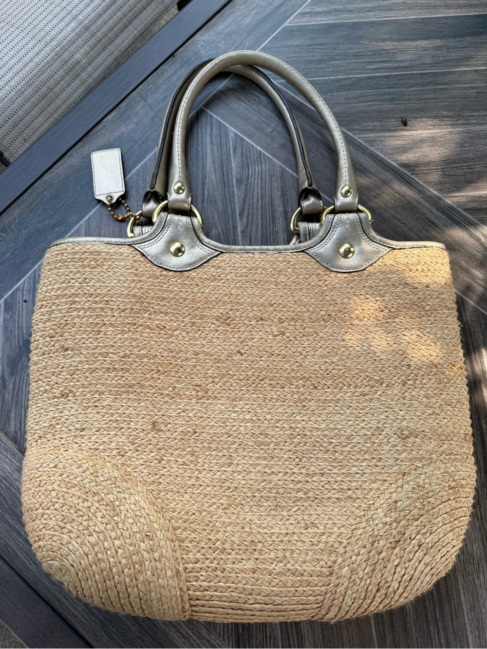 Coach Straw Tote with Metallic Leather Trim and Floral Accent - Picture 4 of 9